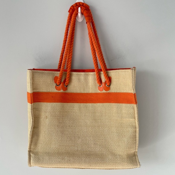 Escada Straw Woven Beige Orange Rope Strap Beach Large Tote Bag Purse - Picture 2 of 5
